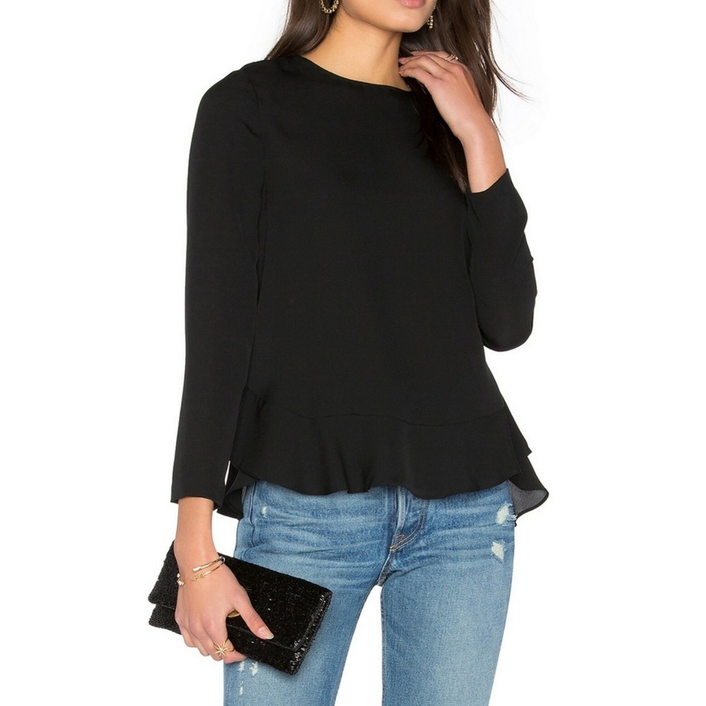 Diane von Furstenberg Dalia Black 100% Silk Long Sleeve Peplum Top Blouse Sz 6‎